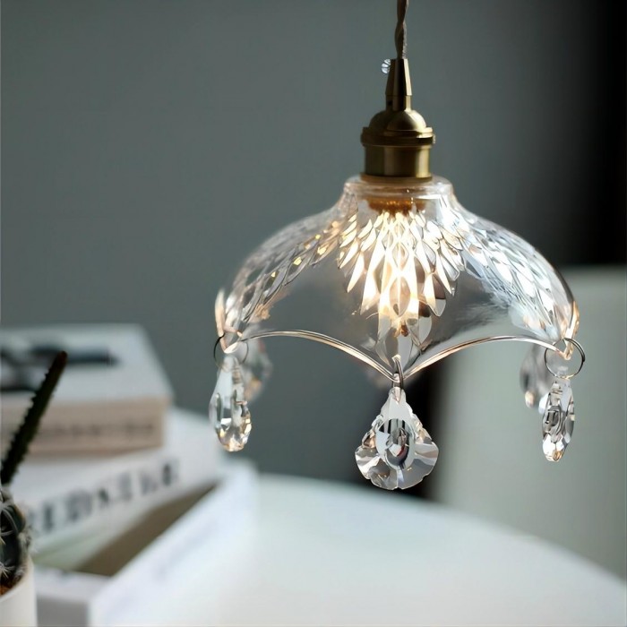 Vintage Clear Ribbed Glass Chandelier for Kitchen and Dining Room