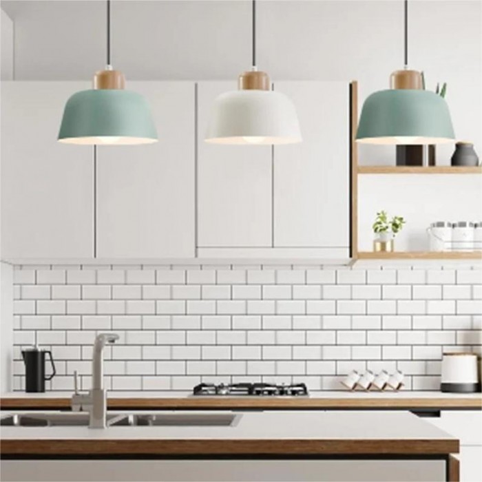 Scandinavian Metal Wood Pendant Light with Bowl Shape for Kitchen