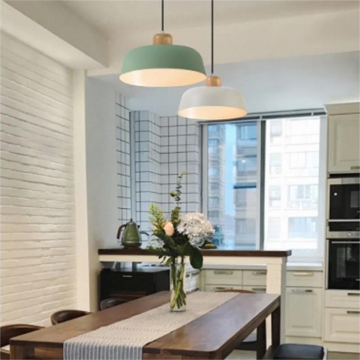 Scandinavian Metal Wood Pendant Light with Bowl Shape for Kitchen