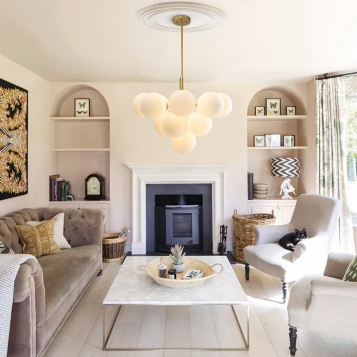 Modern Opal Glass  Grape Chandelier in Brass Finish for Living Room